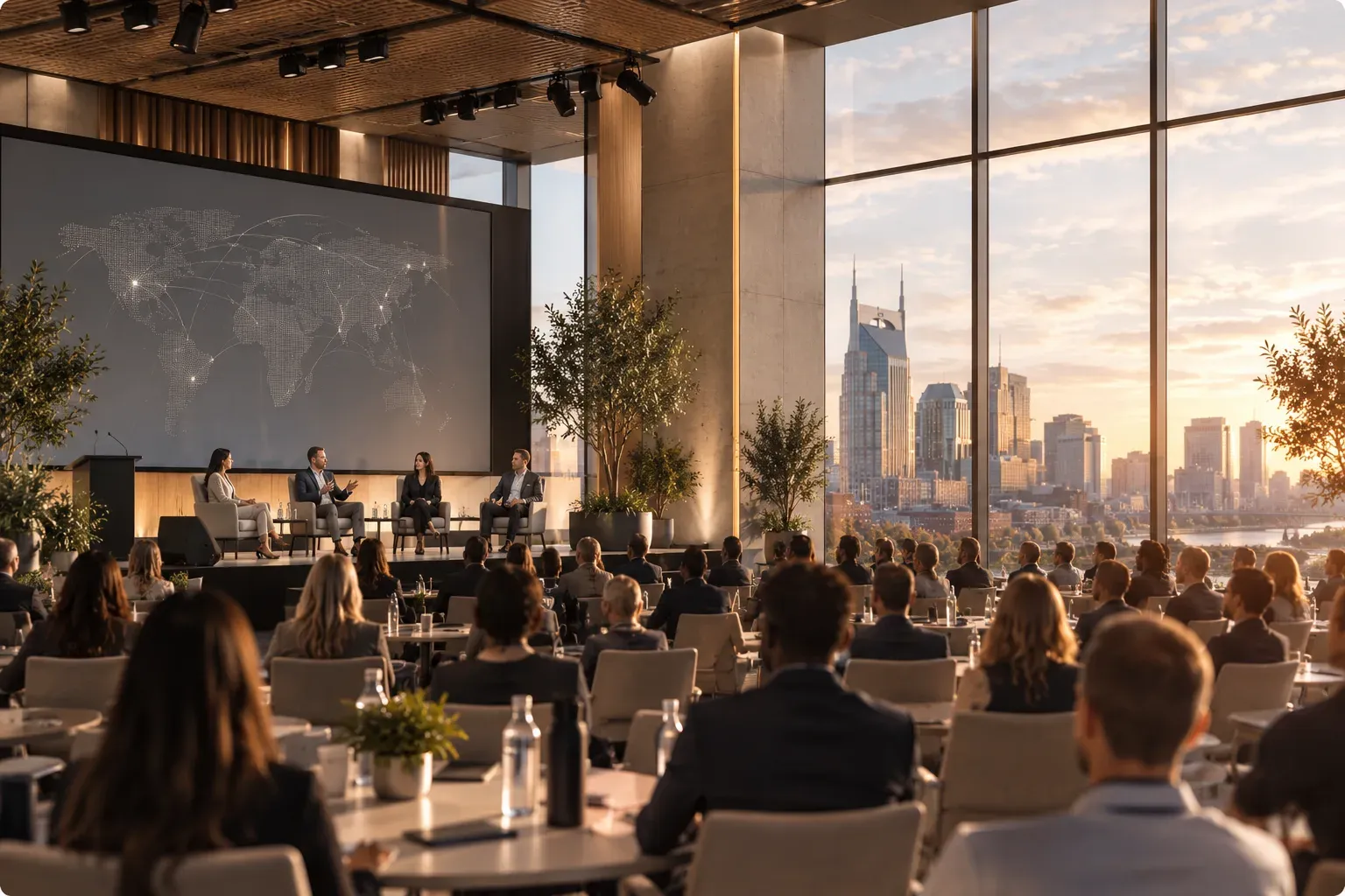 Panel of five speakers on stage at a high-rise conference venue overlooking a city skyline at sunset.