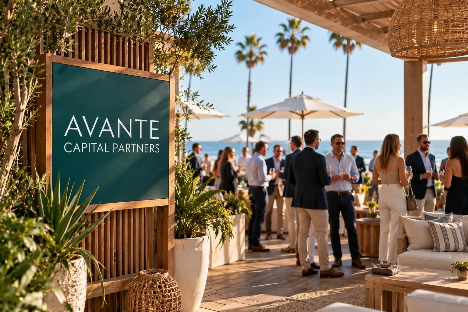 Avante Capital Partners signage at outdoor beachside conference venue with attendees and palm trees.