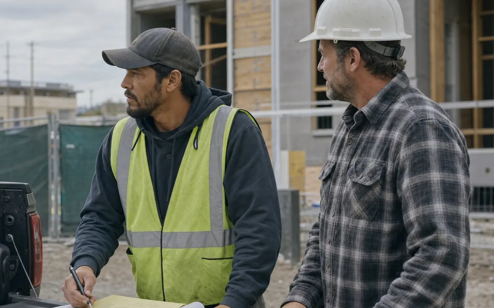 Two workers beside a pickup truck at a building site, one writing on a notepad