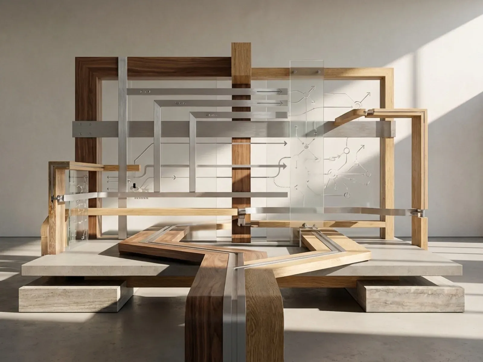 Sculpture of wood, steel and glass beams with flow arrows etched on glass panels