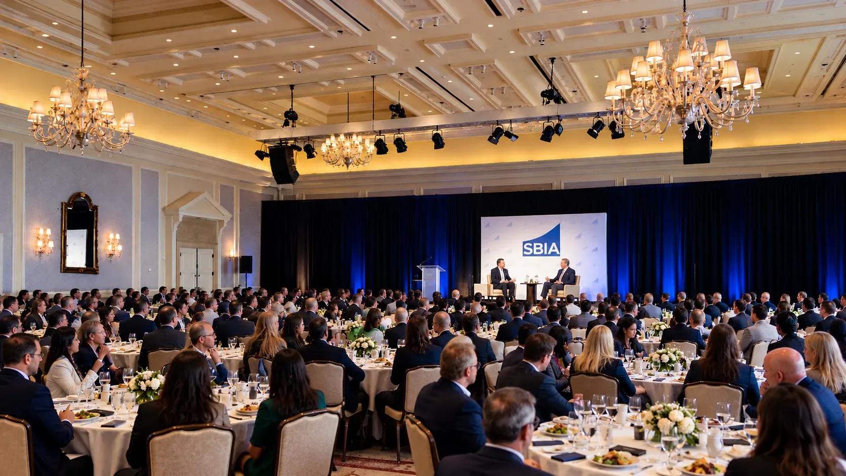 Attendees seated at round tables during SBIA Annual Conference presentation with speakers on stage.