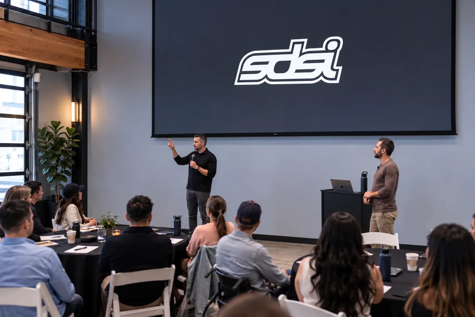 Two speakers present to an audience seated at tables during How to Implement AI for Operational Efficiency event, with SDSI logo displayed on screen.