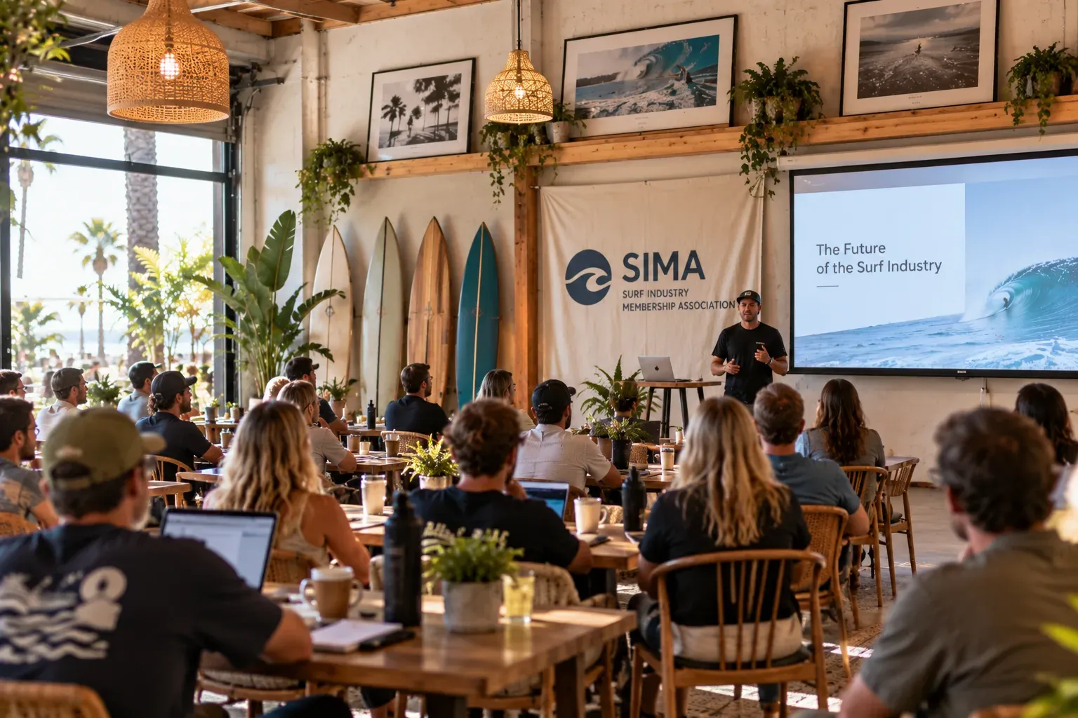 Speaker presents at Surf Industry Membership Association event in coastal venue with surfboards and ocean imagery displayed.