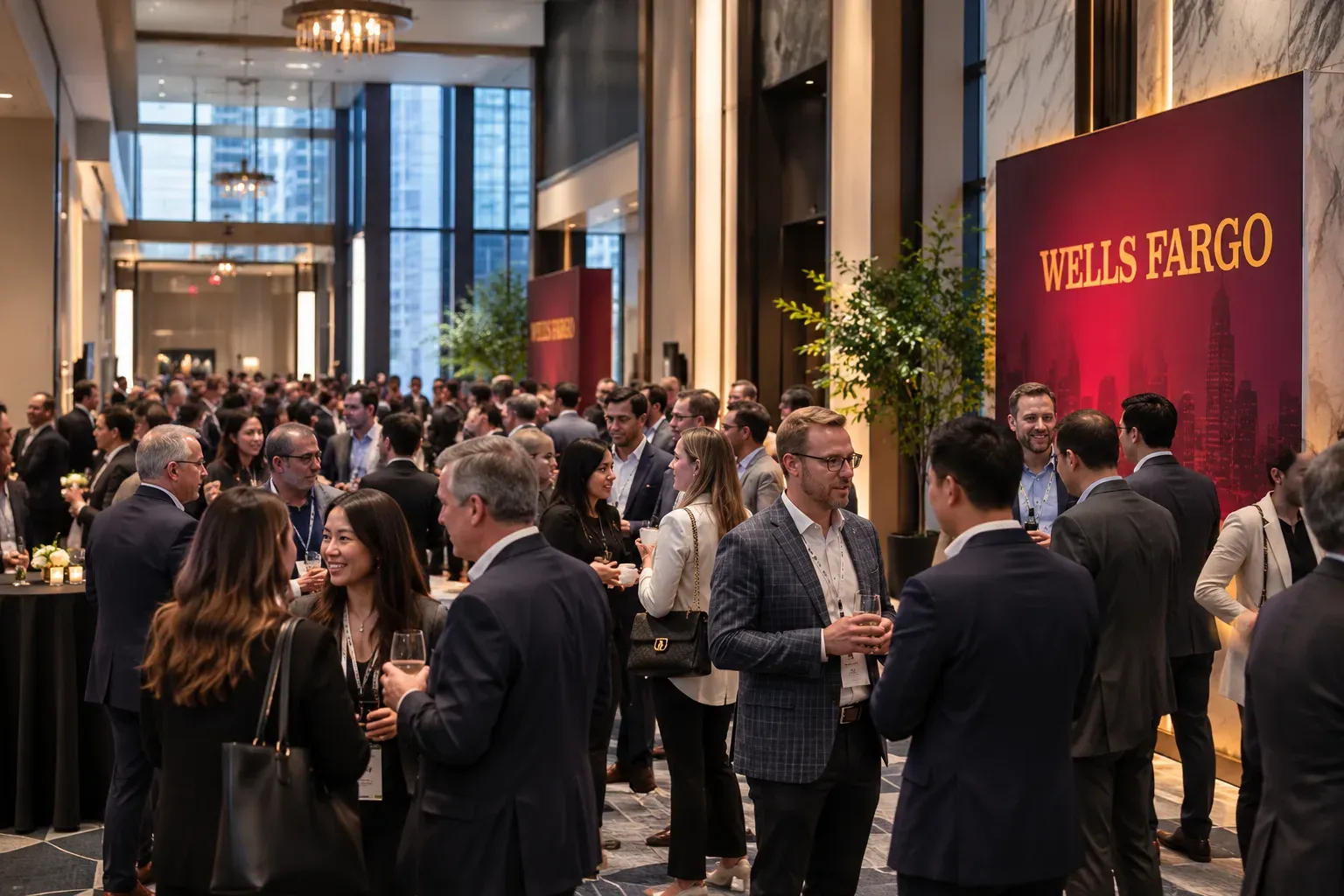 Attendees networking at the 2025 Wells Fargo SBIC Symposium in an elegant venue with a red Wells Fargo branded backdrop.