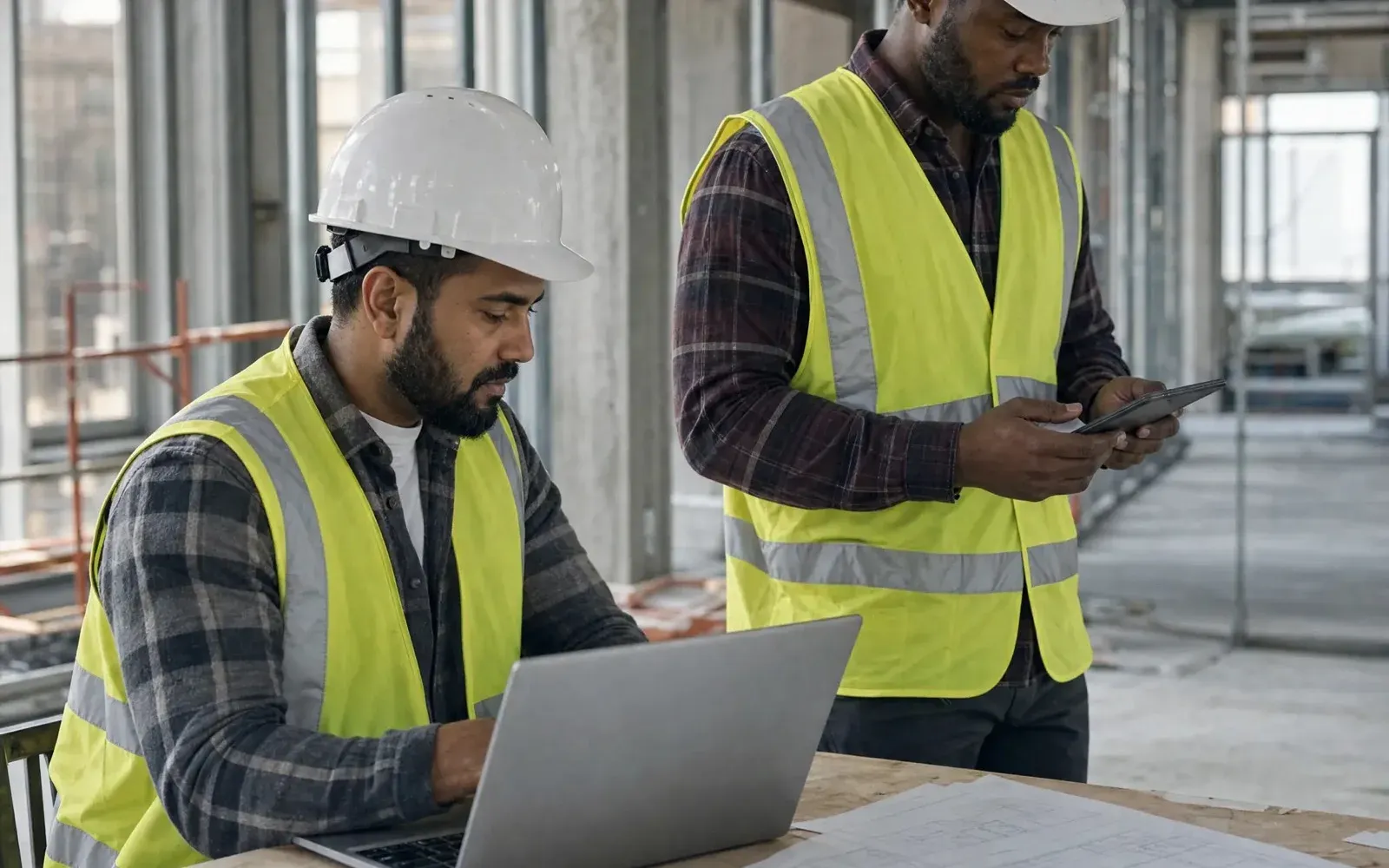 Two people in hardhats working on a laptop and tablet in an unfinished building