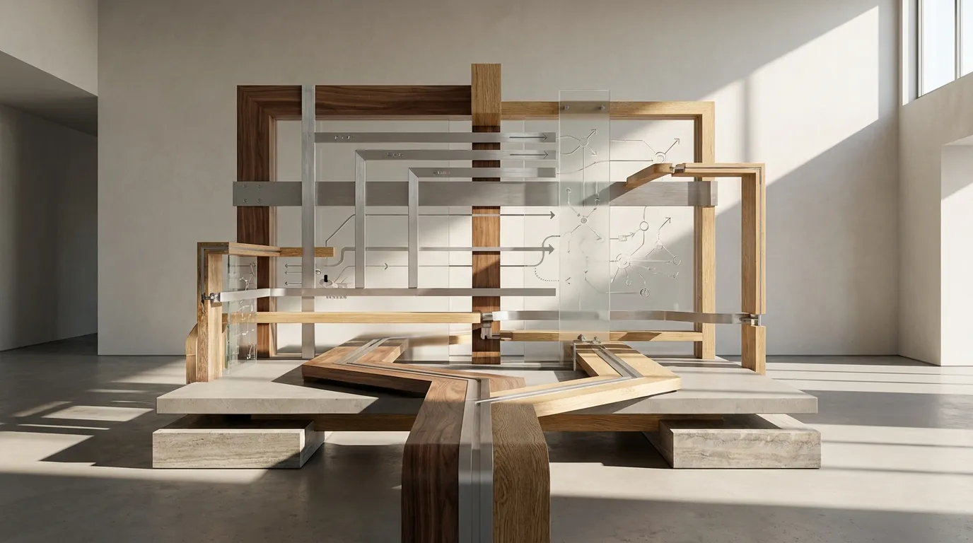 AI strategy: a sculpture of timber and glass in a sunlit room