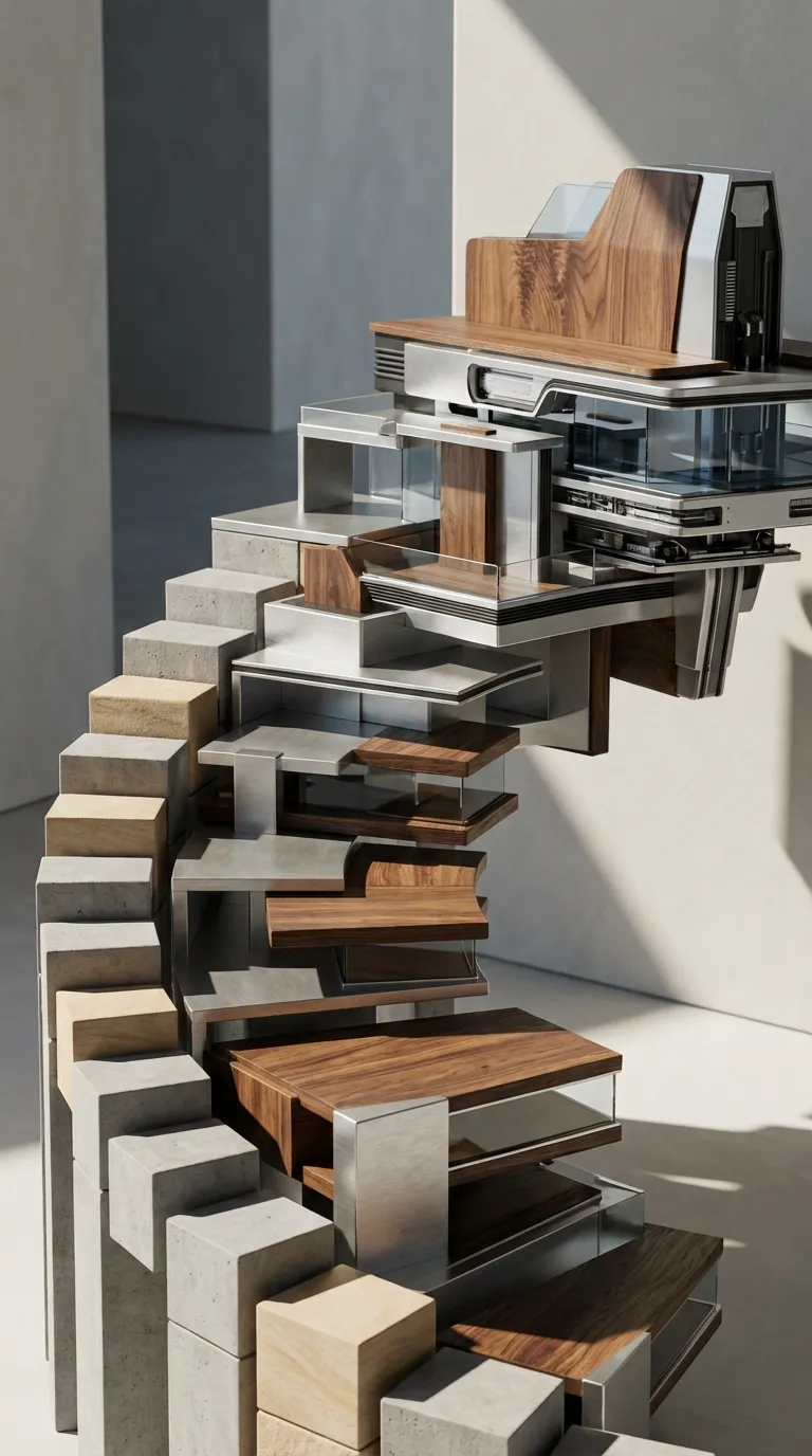 A sculptural staircase of stacked timber and concrete blocks
