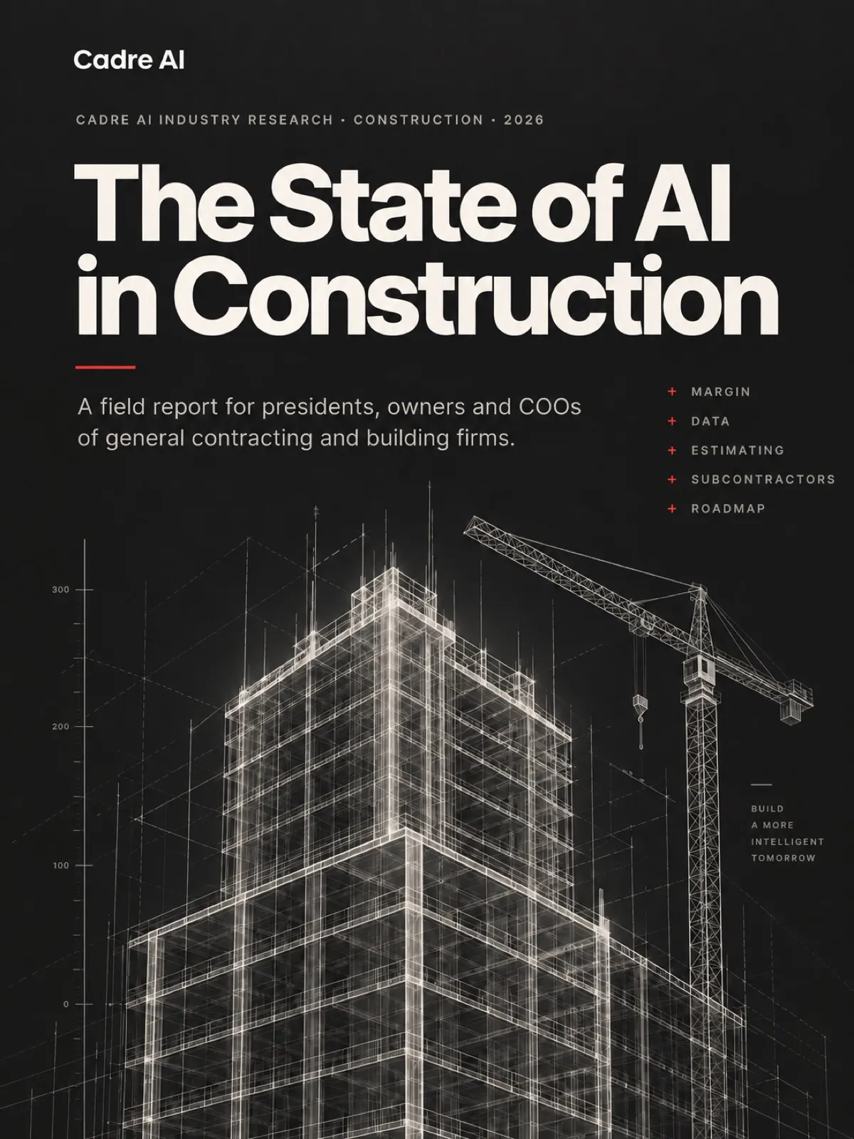 Cover of The State of AI in Construction, a wireframe building and crane on black