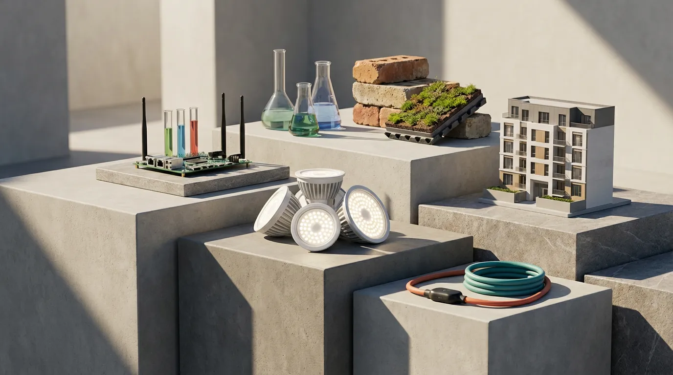 Lab glassware, a model building and cabling on grey concrete blocks