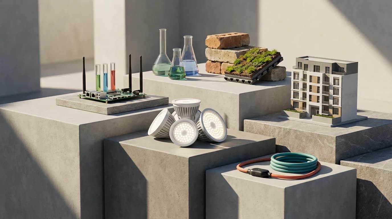 Lab glassware, a model building and cabling on grey concrete blocks
