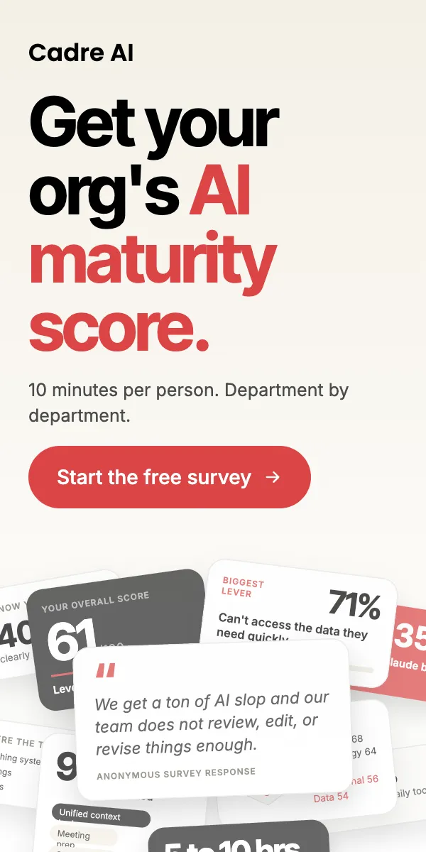 Get your org's AI maturity score. 10 minutes per person. Department by department. Start the free survey.