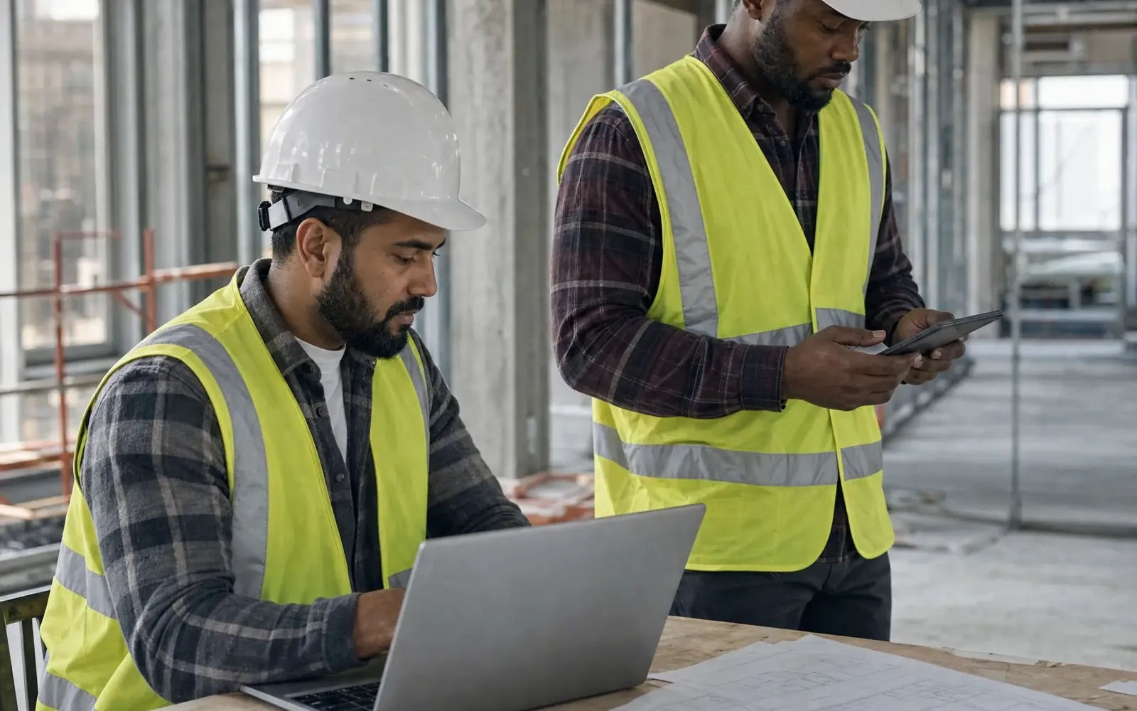 Two people in hardhats working on a laptop and tablet in an unfinished building