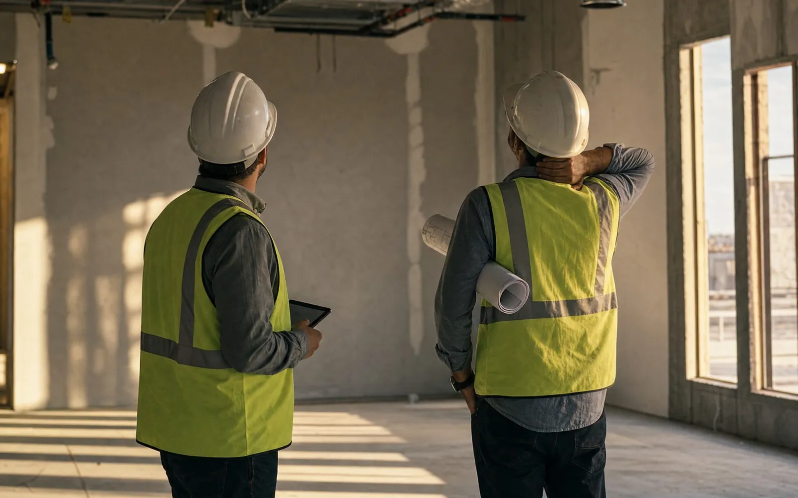 Two people in hardhats seen from behind in an unfinished room with a tablet and drawings