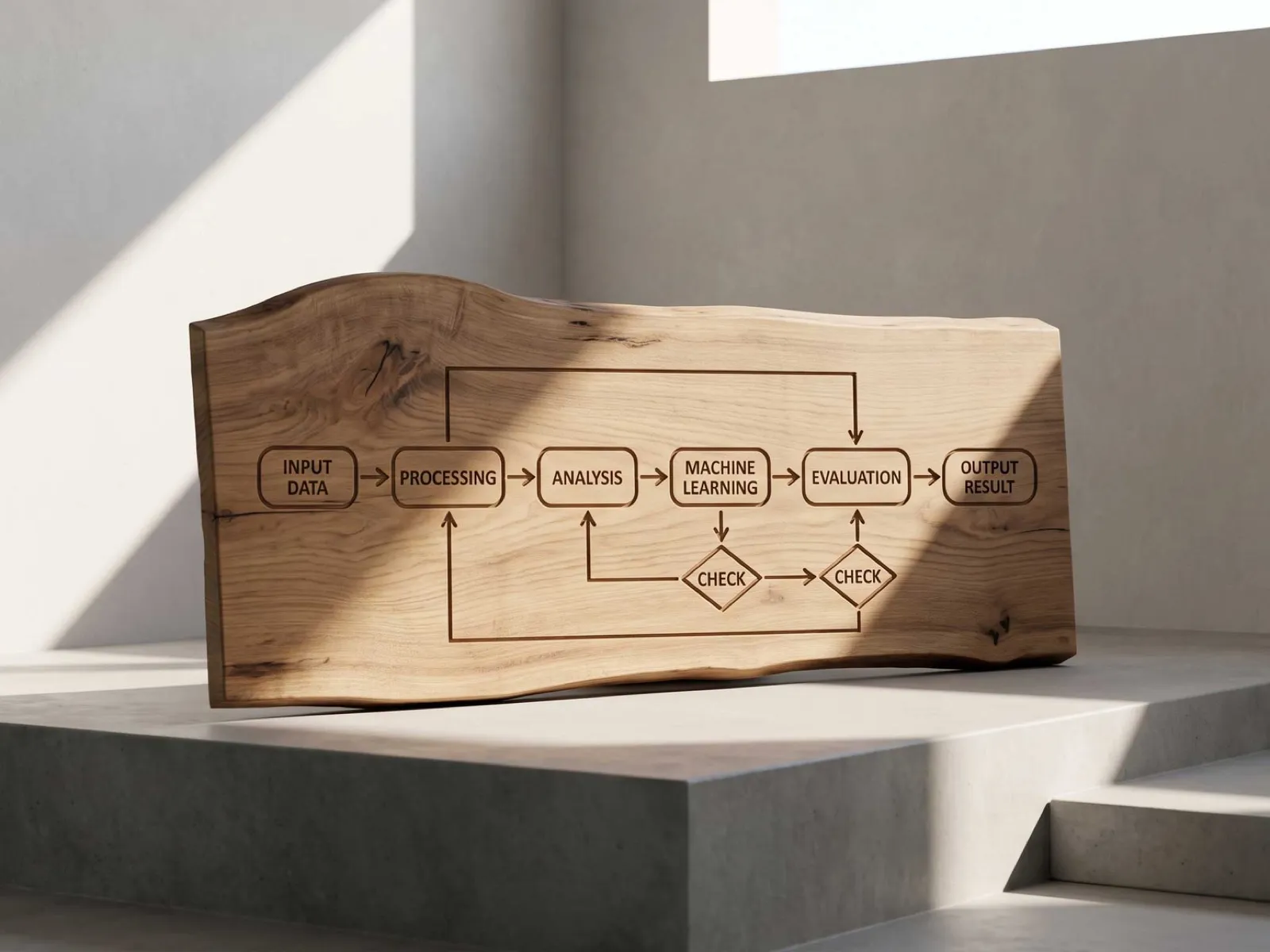 Live-edge wood plank engraved with a data processing flowchart