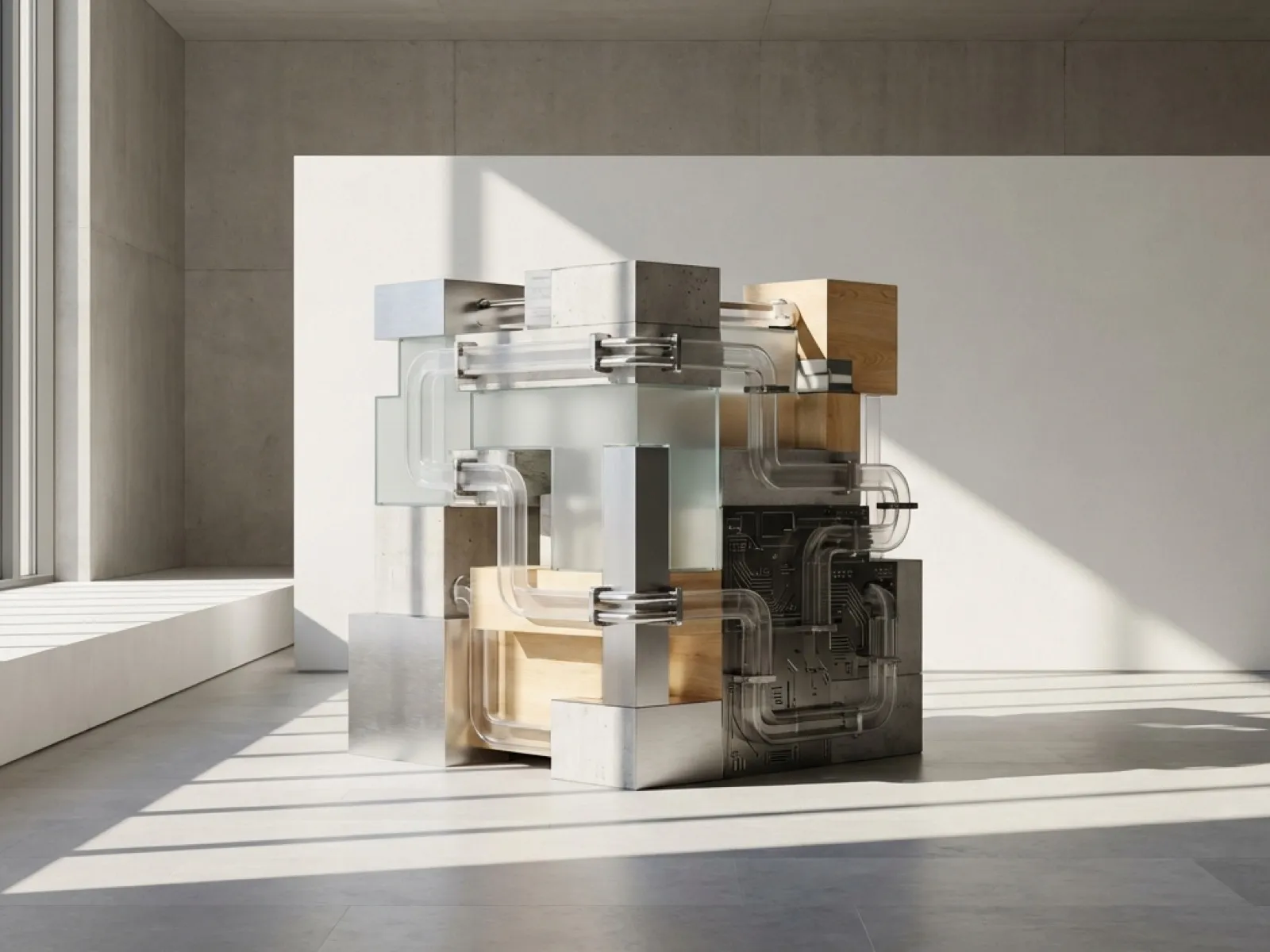 Cube sculpture of concrete, wood, glass, and steel joined by transparent pipes