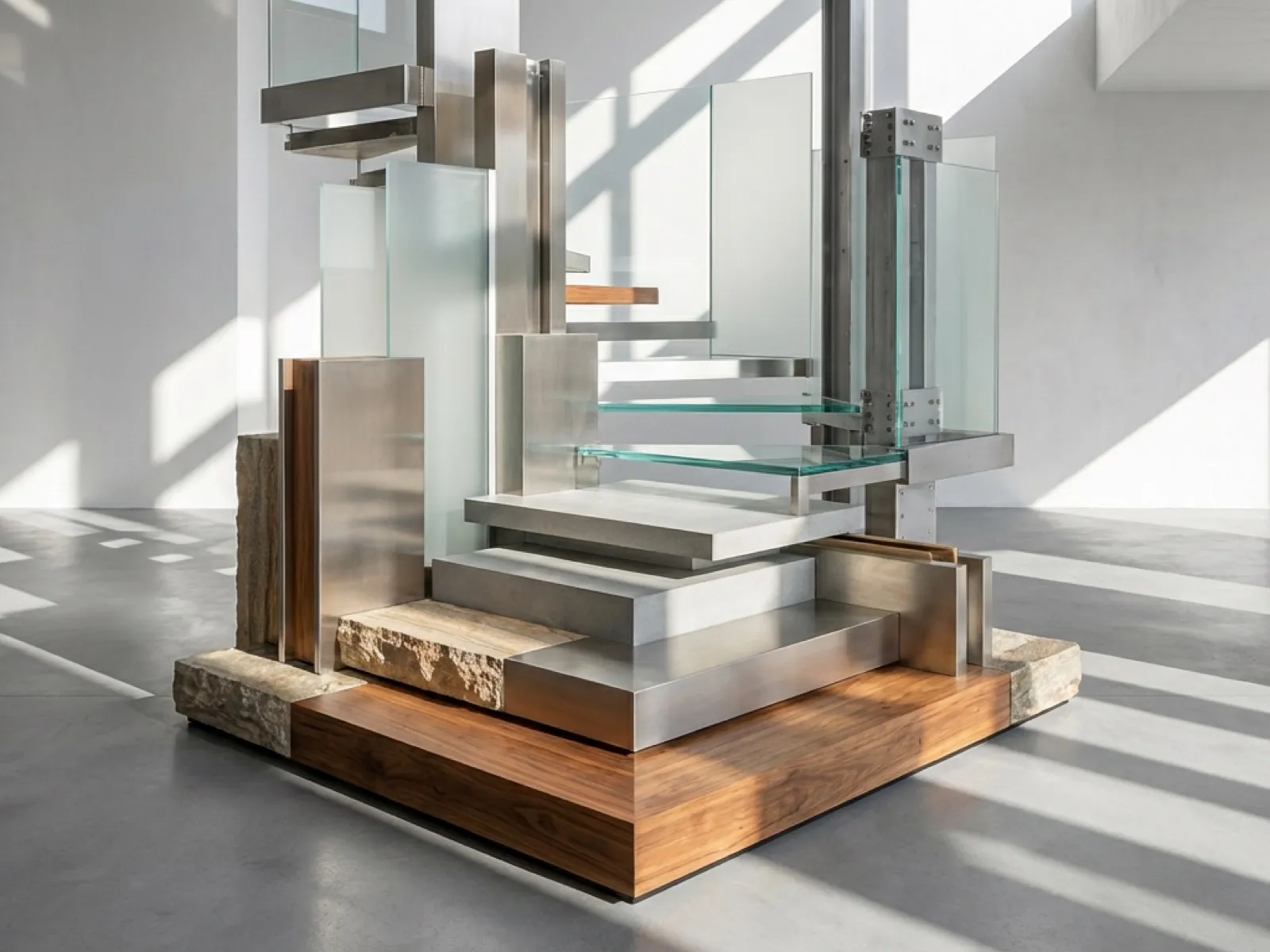 Layered sculpture of wood, stone, steel, and glass steps in a sunlit room
