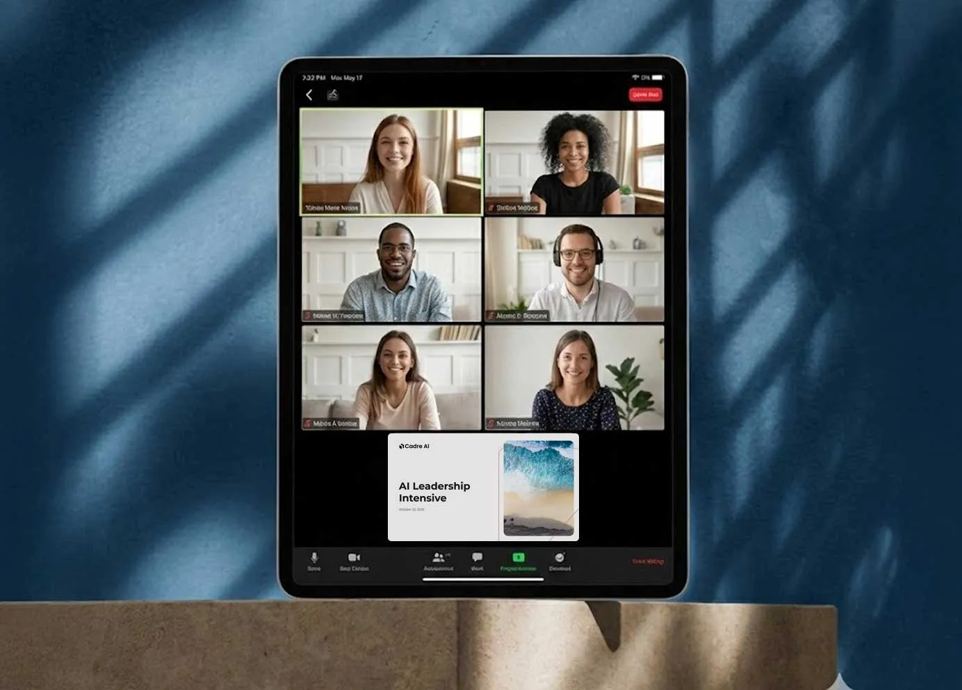 A tablet showing a Cadre AI training session with a team on video