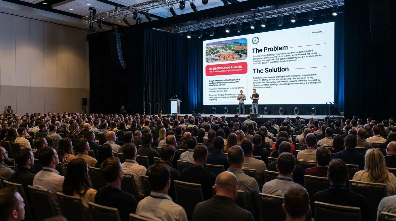 Two speakers presenting to a packed conference hall