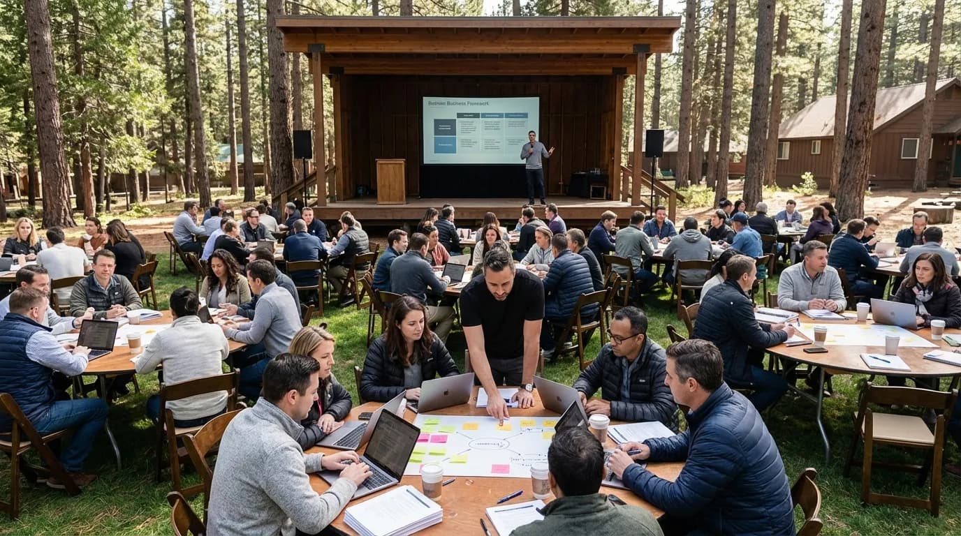 A large team working in small groups at outdoor tables beneath a timber stage