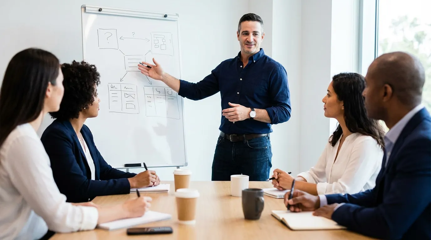 A facilitator at a whiteboard teaching a group of executives around a table