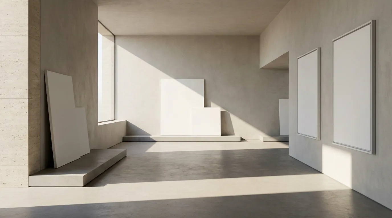 A sunlit concrete gallery with blank white canvases on plinths and walls