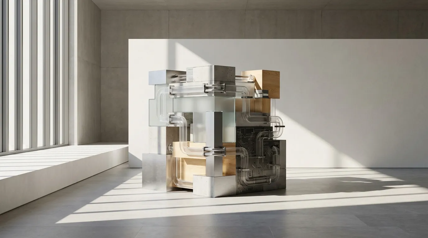 AI engineering: a sculpture of glass and steel in a concrete room